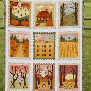 Rustic Autumn Landscape Stamp Blanket, Autumn Pumpkin Seasonal Blanket, Pumpkin Spice Fall Vibes Throw, Spooky Pumpkin Field Blanket, MYI355