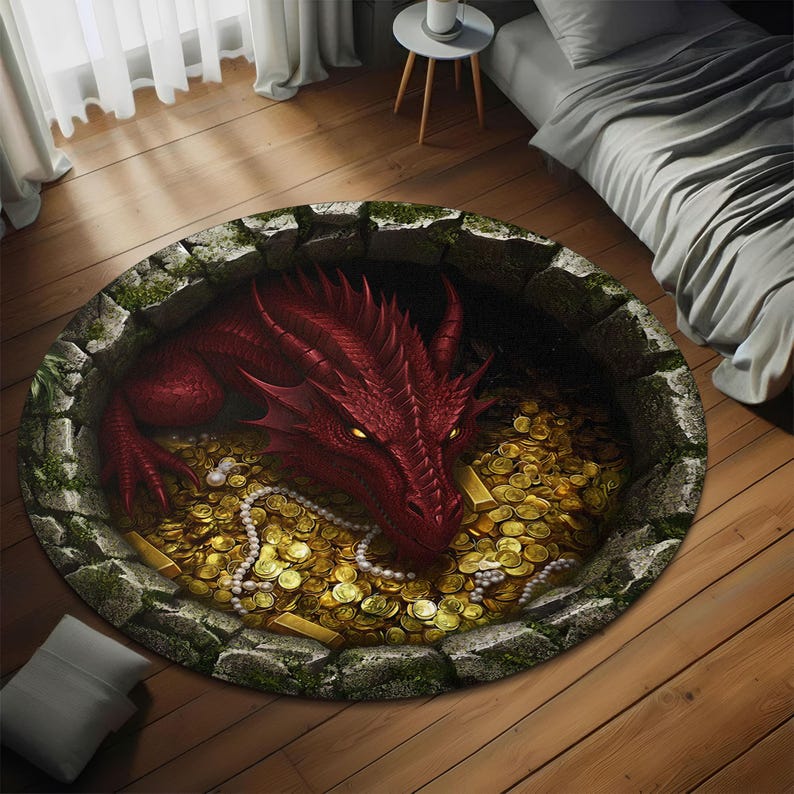 Coins Area Rug 3D Red Dragon Gold Coins Round Rug, 3D Fantasy Dungeon Area Carpet ...