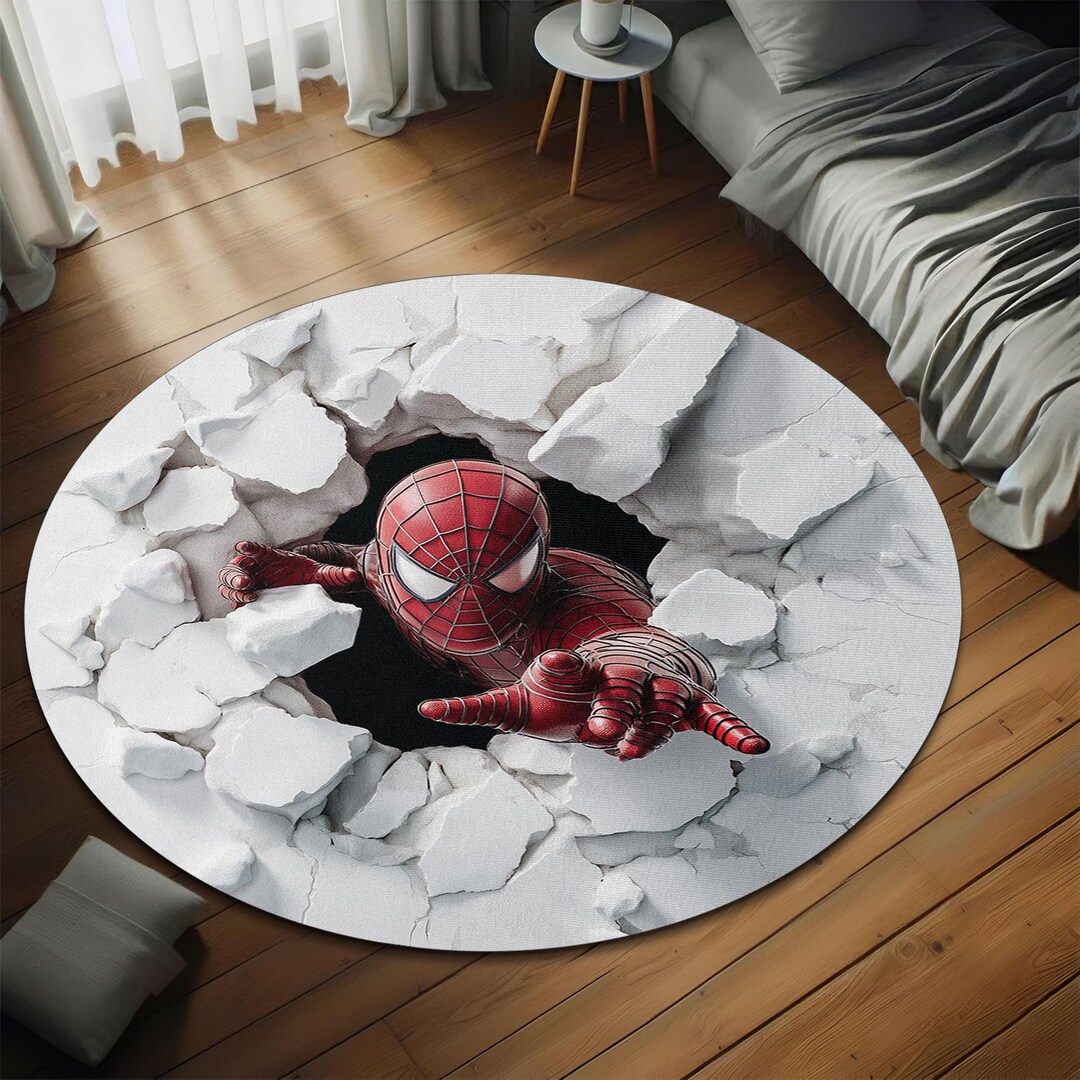 3D Spiderman Hole Illusion Rug, Comic Superhero Round Area Rug, 3D ...
