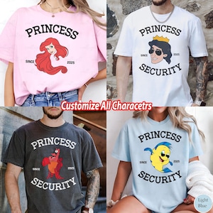 May include: Four t-shirts with the text "PRINCESS SECURITY" and the year "2025". Each shirt features a different cartoon character. The shirts are in pink, white, charcoal gray, and light blue. The text "Customize All Characetrs" is also visible.