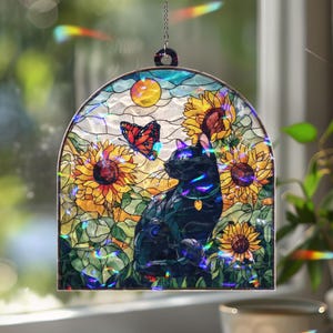 Sunflowers Black Cat Suncatcher Ornament, Botanical Stained Glass Ornament, Mystic Cat Window Hanging, Sunlight Catcher Indoor Art, THA256