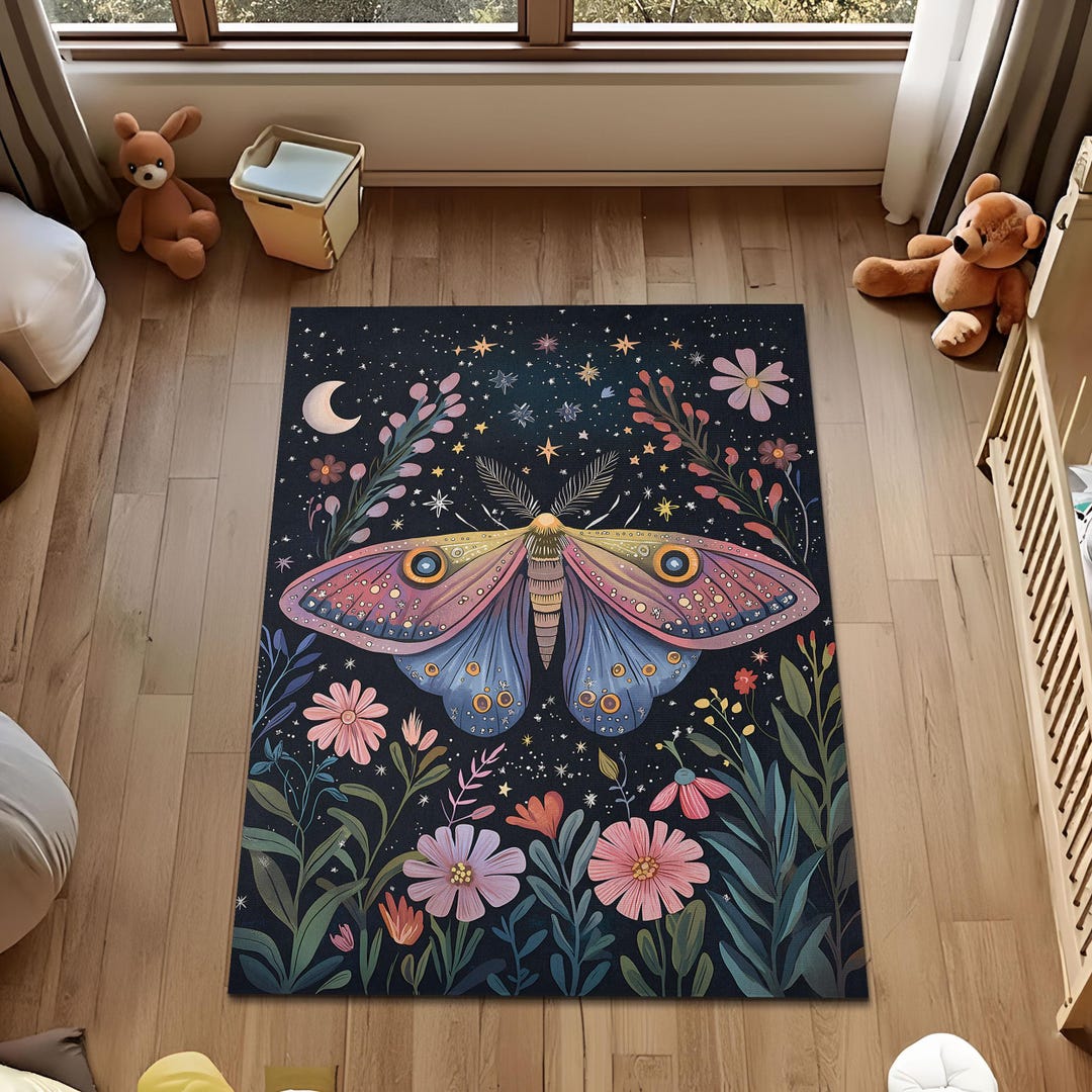 Moth Area Rug Starry Night Moth Floral Rug, Cottagecore Butterfly Meadow Rug, Boho ...