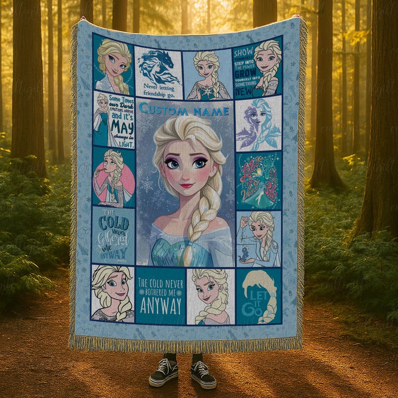 May include: A rectangular woven throw blanket featuring a collage of Elsa from Frozen illustrations, including a large central portrait, various smaller character panels, and text such as "CUSTOM NAME," "THE COLD NEVER BOTHERED ME ANYWAY," and "LET IT GO" with fringed edges.