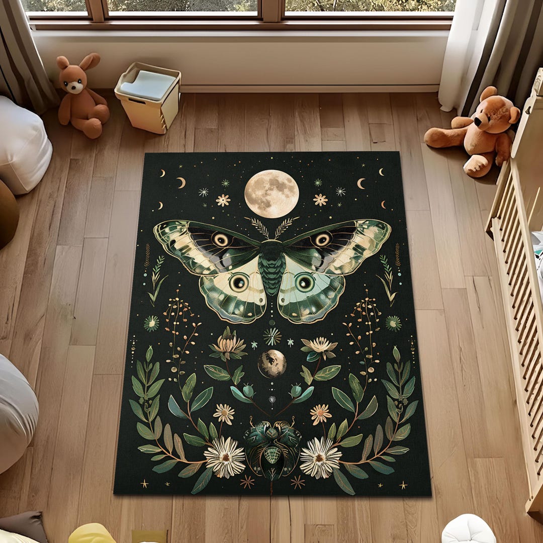 Moth Area Rug Dark Botanical Luna Moth Area Rug, Woodland Floral Butterfly Carpet ...