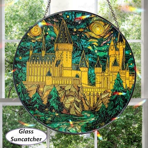 Retro Wizard Castle Star Night Suncatcher, Witchy Halloween Hanging, Mystery Castle Stained Glass Suncatcher, Bookish Fantasy Gift, MYJ304