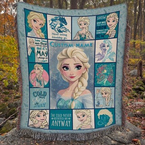 May include: A woven throw blanket featuring a large central illustration of Elsa from Frozen, surrounded by smaller panels depicting the character in various poses, snowflake patterns, and text including "Custom Name" and "The cold never bothered me anyway."