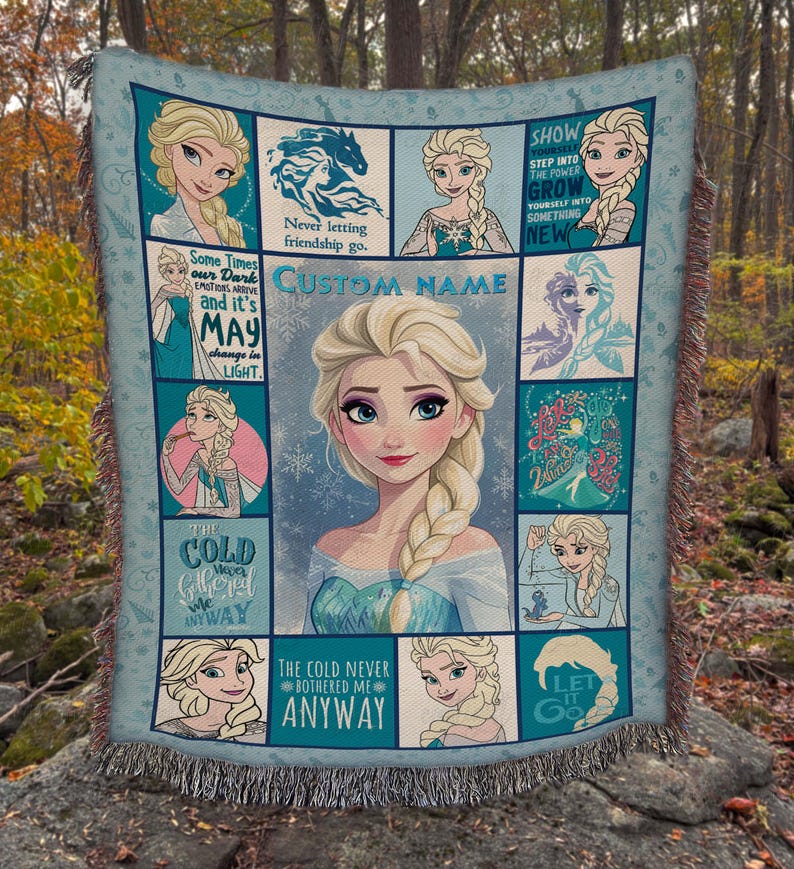 May include: A woven throw blanket featuring a large central illustration of Elsa from Frozen, surrounded by smaller panels depicting the character in various poses, snowflake patterns, and text including "Custom Name" and "The cold never bothered me anyway."