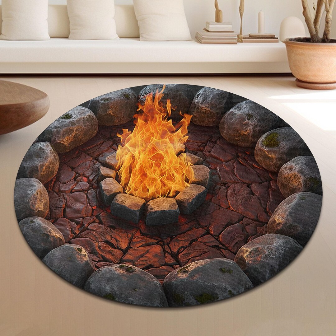 Fire Rugs Custom 3D Printed Campfire Illusion Rug, Realistic Round Fire Pit Carpet ...