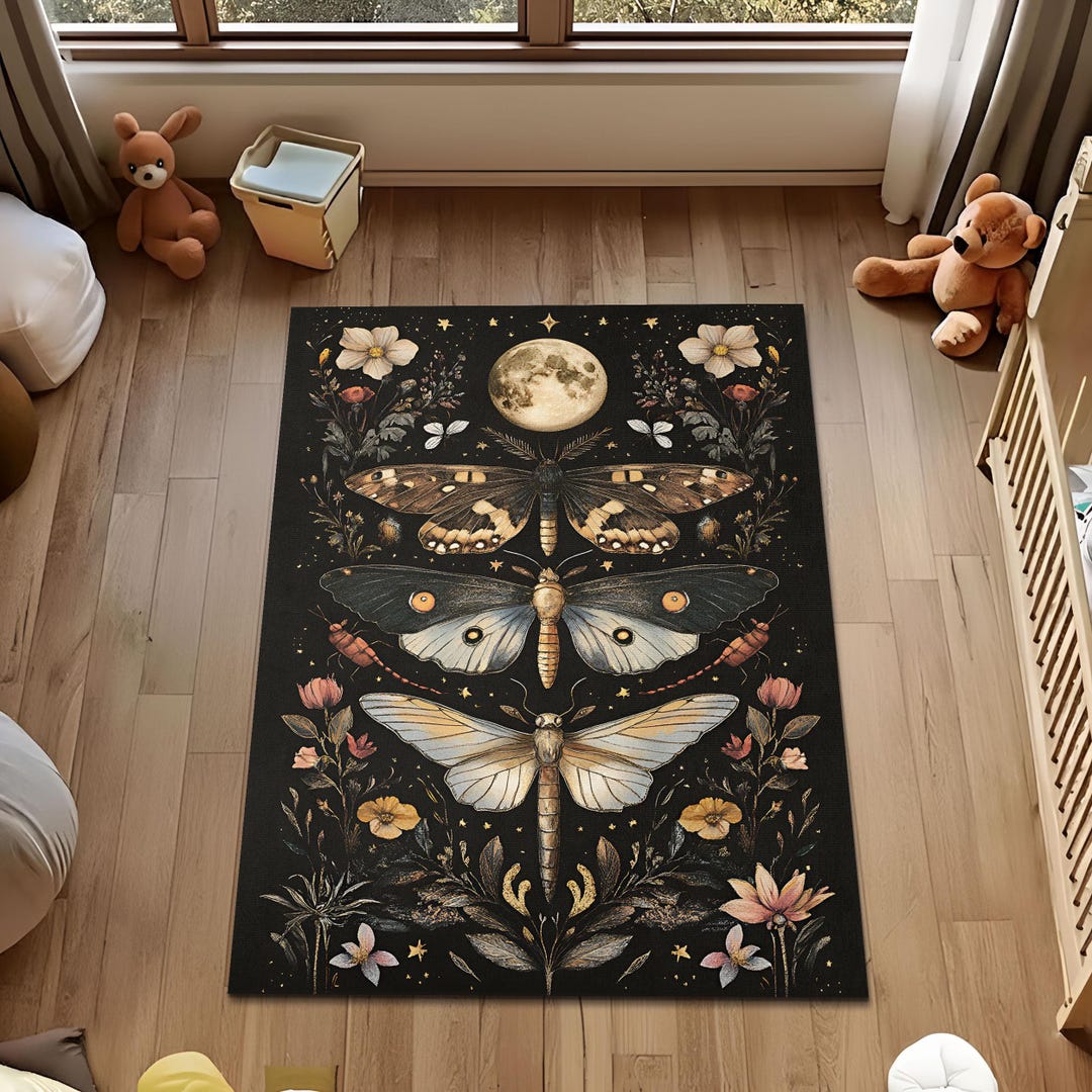 Modern Black Insect Rug Cottagecore Night Garden Moth Rug, Celestial Insect Illustration Carpet ...