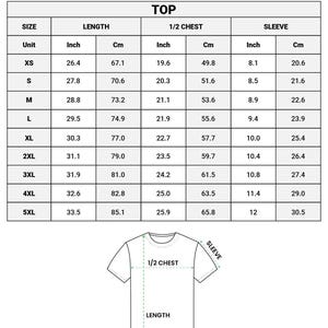 May include: A size chart for an adult jersey top featuring a table with columns for size, length, 1/2 chest, and sleeve measurements in both inches and centimeters. Below the table is a line drawing of a t-shirt with labels for length and sleeve.