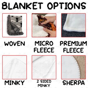Puede incluir: Imagen que muestra opciones de mantas: tejida, microfibra, forro polar premium, minky, minky de 2 caras y sherpa. El texto "BLANKET OPTIONS" est&aacute; en la parte superior. Cada tipo de manta se muestra en un cuadrado con una breve descripci&oacute;n debajo.