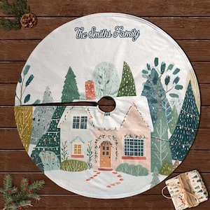 Gonna per albero di Natale con nome personalizzato, gonna per albero di Natale con casa innevata, gonna per albero festiva con accogliente cottage, gonna per albero con paesaggio invernale, MYJ923