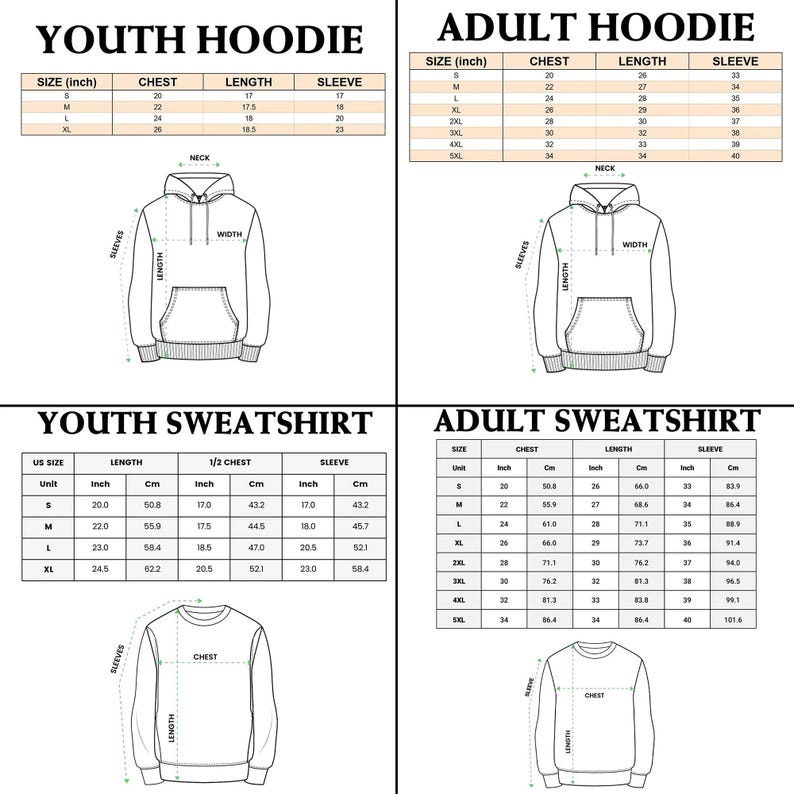 May include: A size chart for apparel featuring four sections: Youth Hoodie, Adult Hoodie, Youth Sweatshirt, and Adult Sweatshirt. Each section includes a line drawing of the garment with labeled dimensions and a table listing sizes in inches.