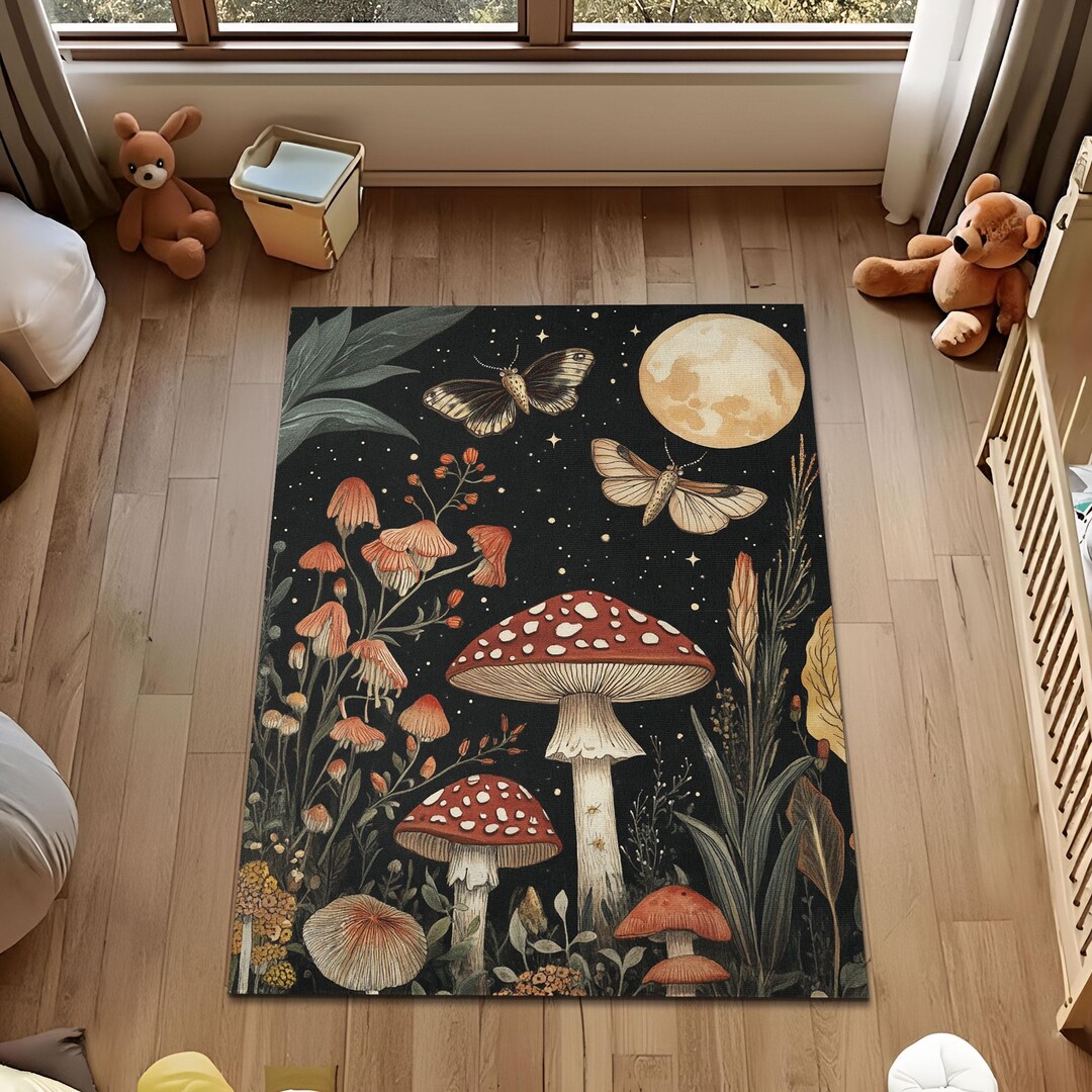 Moth Pattern Rug Boho Celestial Mushroom Moth Rug, Wildflower Mushroom Moth Area Rug ...