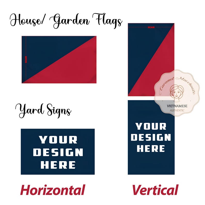 May include: Two different styles of yard signs with the text "Your Design Here" in white on a dark blue background. The top sign is horizontal and the bottom sign is vertical. The signs are shown against a white background.
