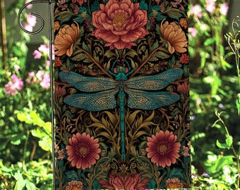 Dark Cottagecore Dragonfly Garden Flag, Floral Botanical Autumn Yard Flag, Seasonal Rustic Floral Yard Flag, Animal Lover Gift, MYI204