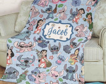 Custom Lilo Stitch And Angel Blanket, Stitch Birthday Baby Blanket, Lilo & Stitch Hawaii Soft Blanket, Disney Pajama Party Home Decor NVA833