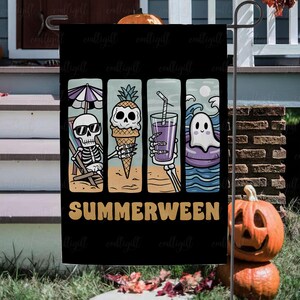 Funny Summer Vibes Skeleton Garden Flag, Cute Spooky Ice Cream Beach Flag, Gothic Tropical Summer Flag, Beachside Ghost Outdoor Decor,MYJ227