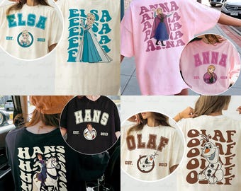 Disney Frozen Movie Characters 2 Sided Shirt, Elsa Anna Olaf Hans Sven, Elsa Anna Princess Snowflakes Shirt,Epcot Family Vacation Trip Shirt