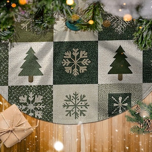 Élégante jupe de sapin vert forêt, jupe de sapin chaude en hiver flocon de neige, jupe de sapin de Noël pour chalet, jupe de sapin de Noël confortable pour les vacances, MYJ912