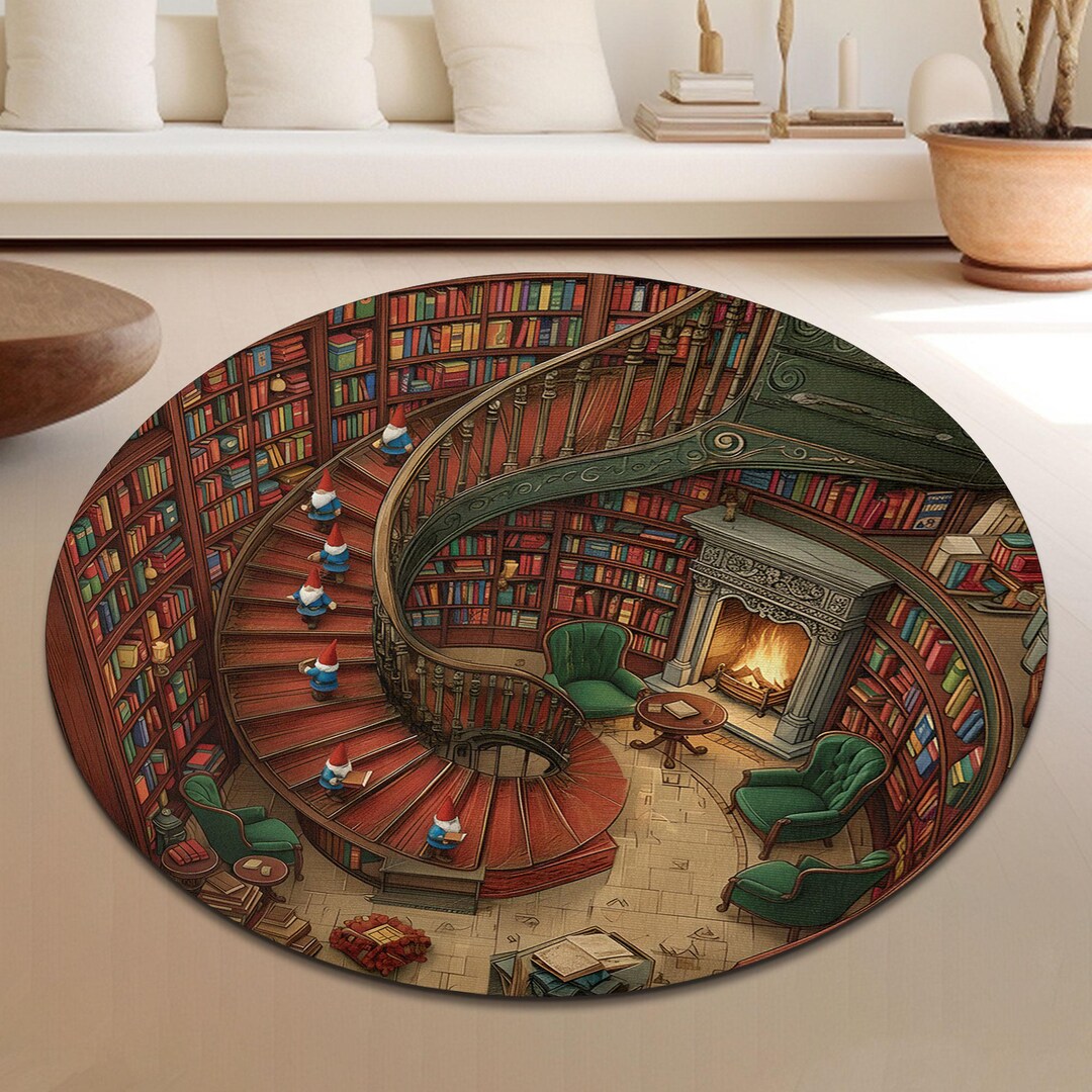 Ny Library Rugs Library Books Stairs With Gnomes 3D Rug, Book Lover Round Library Rug ...