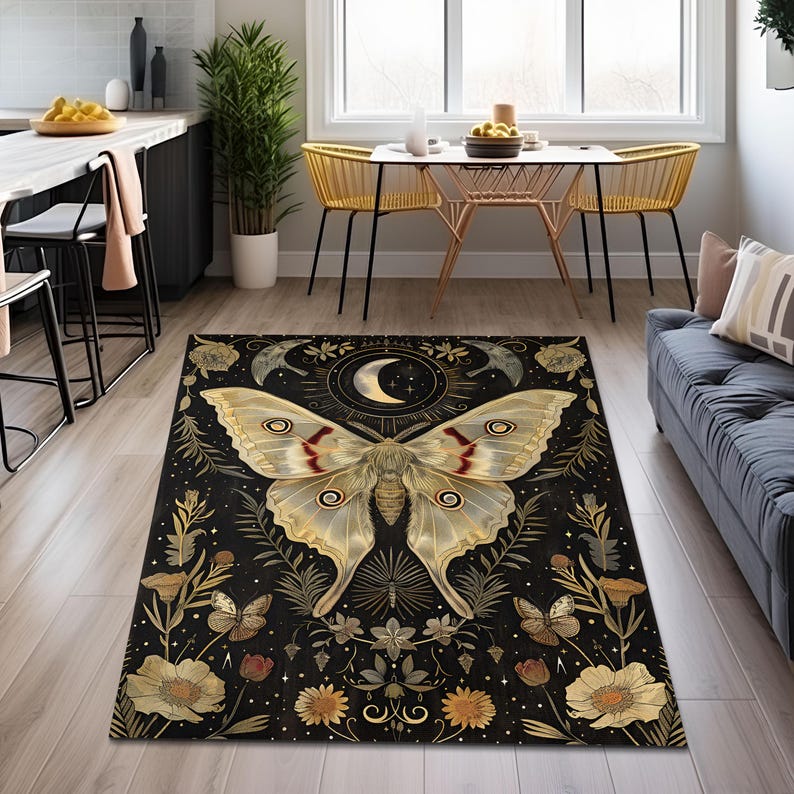 Moth Area Rug Gothic Celestial Moth Area Rug, Night Sky Moth Botanical Floor Mat ...