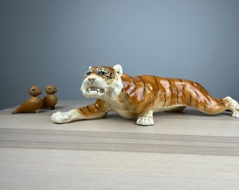 Vintage Tigerfigur Schäfer & Vater Rudolstadt – handbemalte Keramik, Thüringen 1920–50, seltene Raubkatze, Sammlerobjekt