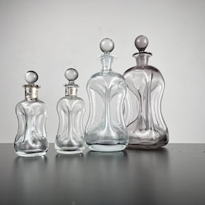 Set of 4 Kluk Kluk carafes / decanters by Jacob Eiler Bang for Holmegaard Dragsted with sterling silver hoops - Denmark Decanter