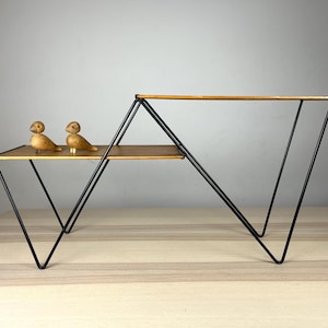 Könnte beinhalten: Ein zweistufiger Pflanzenständer mit einem schwarzen Metallrahmen und Holzregalen. Zwei kleine Holzvogel-Figuren sitzen auf dem unteren Regal. Der Ständer hat ein geometrisches Design und eignet sich für Pflanzen oder Dekoration.