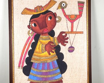 ホセ・マリア・デ・セルヴァン (1917-1983) I メキシコ民俗芸術、黄麻布に油絵 - ビンテージ メキシコ民芸 60 年代、黄麻布に油彩 - 署名