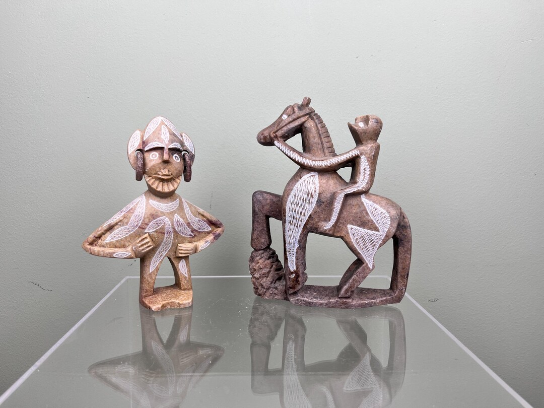 Two Vintage Hand Carved Stone Figures, Moroccan Sculpture 70s
