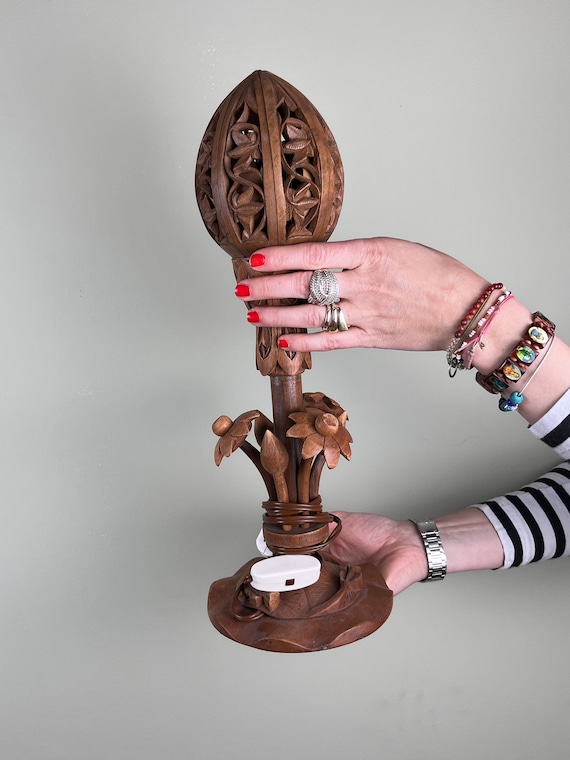 【Lotusさま専用】Pingo de Mel, Sao Luis 挿木苗 Wooden Lotus Lamp With Mechanism, 1970s, Hand-carved Wood Carving