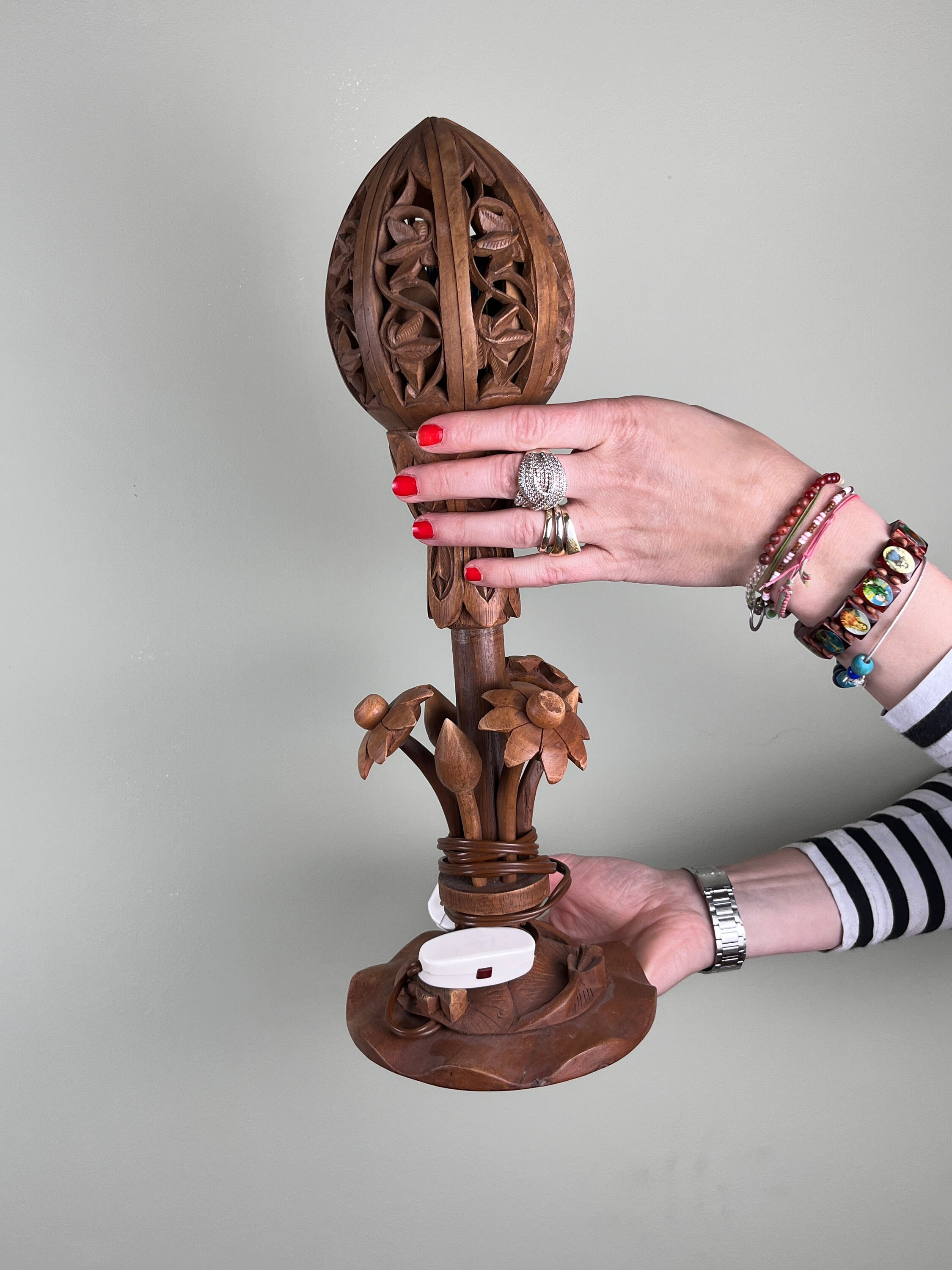 Wooden Lotus Lamp With Mechanism, 1970s, Hand-carved Wood Carving