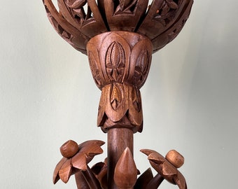 Wooden Lotus Lamp With Mechanism, 1970s, Hand-carved Wood Carving
