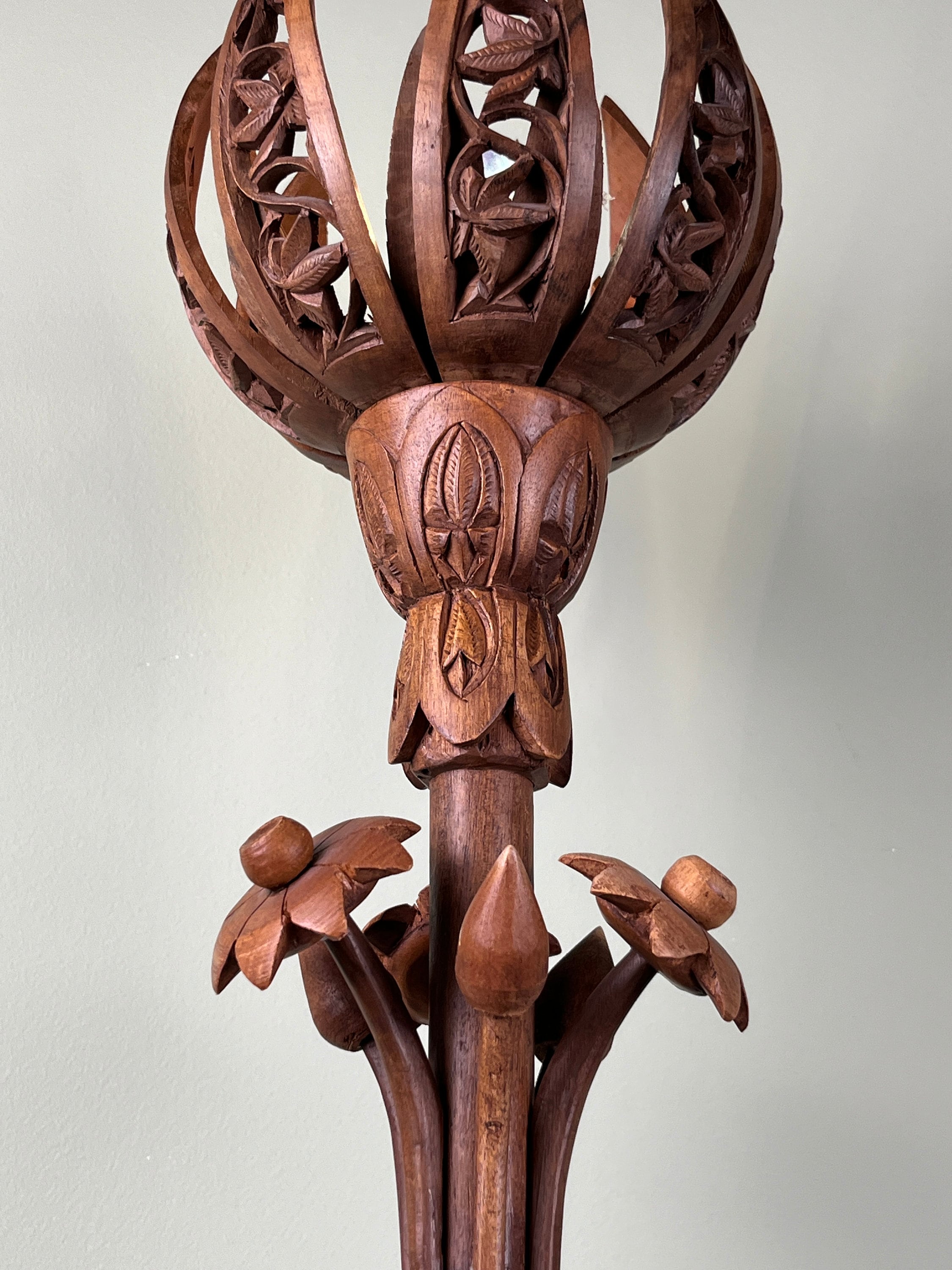 Wooden Lotus Lamp With Mechanism, 1970s, Hand-carved Wood Carving