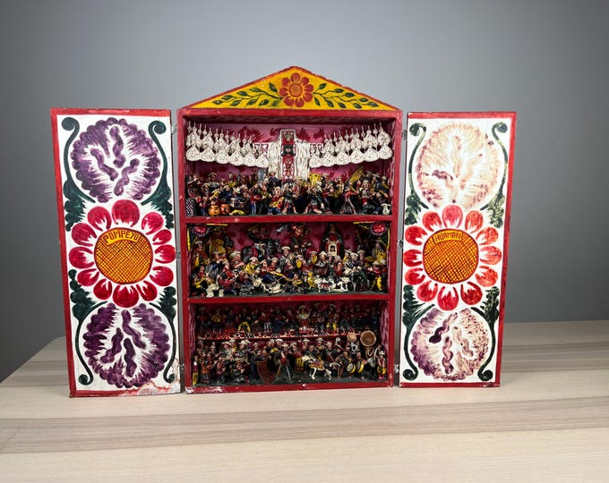 Featured listing image: Peruvian retablo – handcrafted Andean folk art, wooden altar with miniature figures, Huamanga/Ayacucho, traditional festival scenes, 20th century.