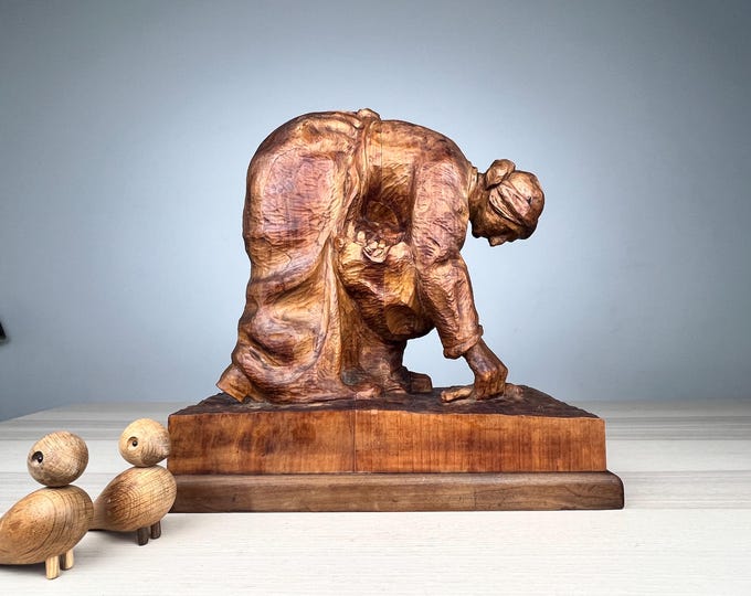 Featured listing image: Expressionist wooden sculpture by Theo Müller, signed 1919, solid handcrafted piece, 11 kg, wooden figure, Art Deco, Primitive Modernist sculpture