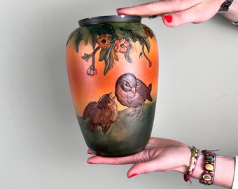 アールデコボール花瓶/ブルーすりガラス/レリーフ植物モチーフ