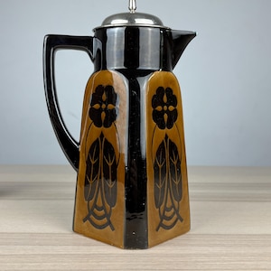 Art Nouveau Cocoa Pot – Neureuther Ceramics – Hand-painted – Vintage Germany – Black pot with floral motif