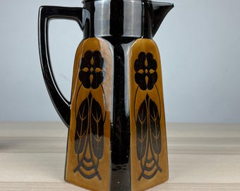 Art Nouveau Cocoa Pot – Neureuther Ceramics – Hand-painted – Vintage Germany – Black pot with floral motif