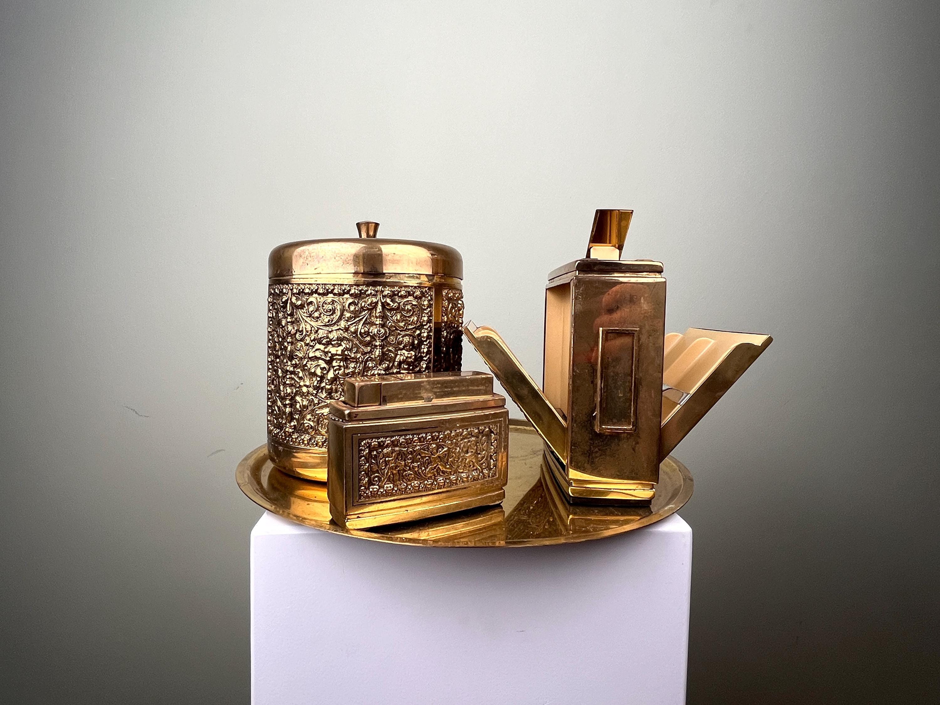 Erhard and Sons Vintage Brass Smoking Set, Tobacco Tin, Cigarette