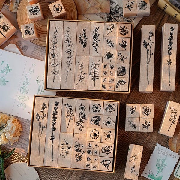 Floral Leaf Wood Rubber Stamps | 22 items Stamp Set | For Card Making Scrapbooking Handmade | Decorative Journaling Diary Sketchbook