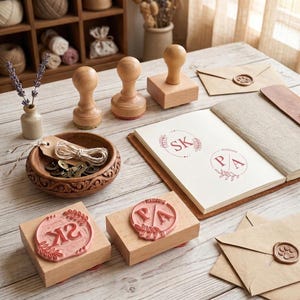 Könnte beinhalten: Drei Holzstempel mit runden Griffen und zwei quadratische Holzstempel mit kreisförmigen Motiven und den Buchstaben SK und PA. Eine Holzschale enthält Bindfaden und Metallverschlüsse. Ein Notizbuch zeigt die gestempelten Initialen SK und PA mit Blattmotiven.