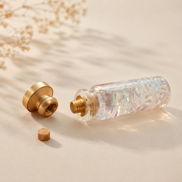 May include: A wax seal stamp handle made of clear, iridescent material with a shimmering, pearlescent finish. The handle features a gold-coloured metal threaded connector at the base, accompanied by a matching gold-coloured metal stamp head.