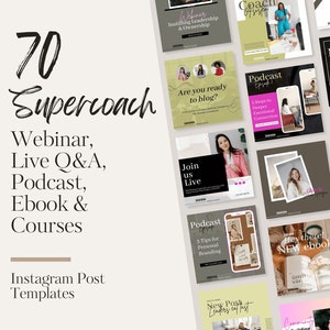 Puede incluir: Una colección de 70 plantillas de publicaciones de Instagram para entrenadores, que presentan una variedad de diseños con superposiciones de texto como "Webinar, preguntas y respuestas en vivo, podcast, libro electrónico y cursos" y "Nueva apertura de curso".