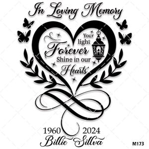 May include: Black and white graphic design of a heart with a lantern and butterflies. The text reads "In Loving Memory Your light Forever Shine in our Hearts 1960 2024 Billie Sillva M173".