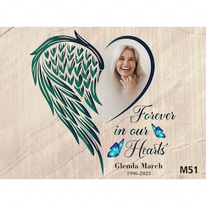 Forever In Our Hearts Angel Wing PNG Editable In Loving Memory template With Heart Picture Frame And ButterFly Personalize Name Date Photo