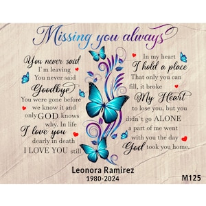 May include: A memorial image featuring butterflies and floral designs. The text reads "Missing you always", "You never said I'm leaving", "You never said Goodbye", "You were gone before we know it and only God knows why. In life I love you dearly in death I LOVE YOU still", "In my heart I hold a place That only you can fill, it broke My Heart to lose you, but you didn't go ALONE a part of me went with you the day God took you home.", "Leonora Ramirez 1980-2024", and "M125".
