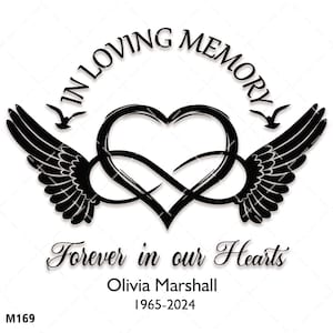 May include: Black and white graphic design with an infinity symbol intertwined with a heart. The graphic is surrounded by wings and the text "In Loving Memory" and "Forever in our Hearts". The text "Olivia Marshall 1965-2024" is below the graphic.