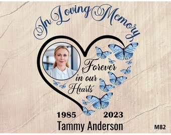 Forever In Our Hearts PNG, Memorial Sublimation Butterflies Flying Heart Symbol With Circle Picture Frame Personalize Name Date Photo  